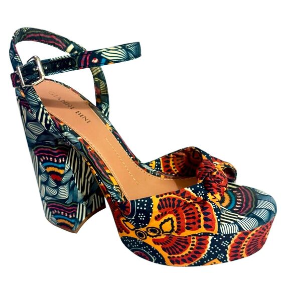 GIANNI BINI sz9 Platform Shoes Blue Red Canvas Retro Block Heel Ankle Strap Sexy - Picture 1 of 16